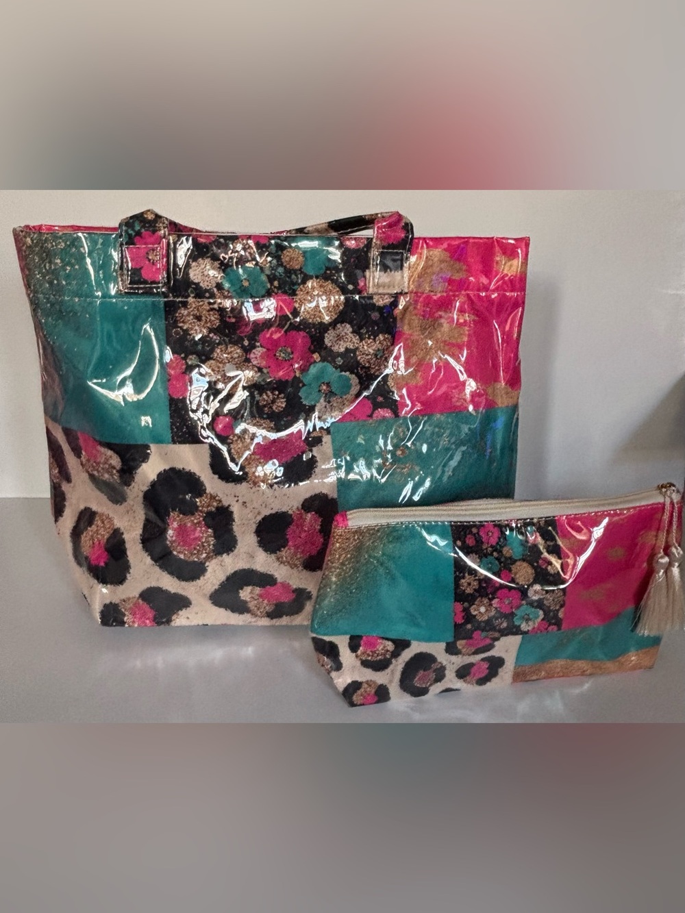 Mixed Print Floral Leopard Tote Bag w/ Matching Pouch Pink Teal Gold